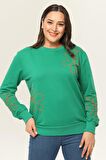 Kadın Büyük Beden Nakış Detaylı Basic Yeşil Sweatshirt