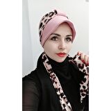 Kadın Tesettür Leopar Atkı Bone GülKurusu