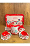 Kutulu 15 Parça Çay Seti Fincan Takımı Metal Evcilik Oyunu Çiçekli Oyuncak Çay Seti Fincan Seti