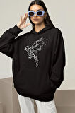 Tasarım Nota Kuş Baskılı Unisex Oversize Hoodie