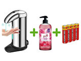 SENSÖRLÜ FOTOSELLİ SIVI SABUNLUK,PİLLER DAHİL 14X10X22CM VE BİR ADET 500 ML SIVI SABUN GÜL KOKULU