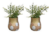 2 ADET VAZO DAHİL,VAZODA ÇİÇEK,BEYAZ YAPAY ÇİÇEK,VAZO DEKORATİF ALTIN PUANLI POLİRESİN 9X9X15CM