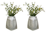 2 ADET VAZO DAHİL,VAZODA ÇİÇEK,BEYAZ YAPAY ÇİÇEK,VAZO DEKORATİF KRİSTAL TAŞLI GÜMÜŞ POLİRESİN 7X7X15CM