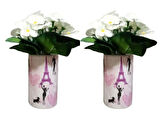 2 ADET VAZO DAHİL,VAZODA ÇİÇEK,BEYAZ YAPAY ÇİÇEK,VAZO DEKORATİF  KIZLI PARİS DESENLİ 7X7X16CM