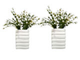 2 ADET VAZO DAHİL,VAZODA ÇİÇEK,BEYAZ YAPAY ÇİÇEK,VAZO DEKORATİF KARE ÇİZGİLİ 8X6X16CM