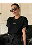 Kadın Siyah Classical Ön Baskılı Oversize T-shirt