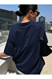 Kadın Lacivert Classical Ön Baskılı Oversize T-shirt