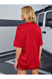 Kadın Kırmızı Classical Ön Baskılı Oversize T-shirt