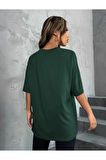 Kadın Yeşil Sanatsal Yıldız Ön Baskılı Oversize T-shirt
