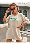 Unisex Pamuklu Happiness Ön Baskılı Tasarım Tshirt