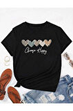 Unisex Pamuklu Choose Happy Kalp Ön Baskılı Tasarım Tshirt