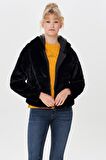 Only Onlchris Fur Hooded Jacket Otw Noos Kapüşonlu Normal Kalıp Düz Siyah Kadın Mont