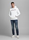 Jack & Jones 12137054_Jjecorp Old Logo Sweat Hoo Kapüşonlu Uzun Kollu  Regular Fit Baskılı Beyaz Erkek Sweatshirt