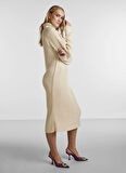 Yas Tam Balıkçı Yaka Düz Krem Uzun Kadın Elbise YASMAVI KNIT MIDI ROLLNECK DRESS NO