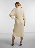 Yas Tam Balıkçı Yaka Düz Krem Uzun Kadın Elbise YASMAVI KNIT MIDI ROLLNECK DRESS NO
