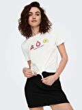 Only Sıfır Yaka Regular Fit Beyaz-Meyve Kadın T-Shirt 15290571