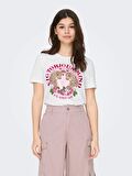 Only Sıfır Yaka Baskılı Beyaz Kadın T-Shirt 15290640