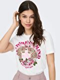 Only Sıfır Yaka Baskılı Beyaz Kadın T-Shirt 15290640