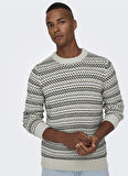 Only & Sons O Yaka Normal Çizgili Krem Erkek Kazak 22027268_ONSMUSA REG 3 STRUC CREW K