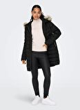 Only Siyah Kadın Kaban ONLELLAN QUILTED HOOD FUR COAT CC O