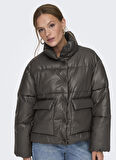 Only Gümüş Kadın Mont ONLANJA FAUX LEATHER OVERSIZE PUFFE