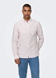 Only & Sons Slim Fit Kırmızı Çizgili Erkek Gömlek ONSALVARO SLIM LS OXFORD STRIPE SHI