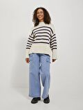 JJXX Bisiklet Yaka Bol Kesim Çizgili Kırık Beyaz Kazak Kadın JXSIA HIGH NECK KNIT