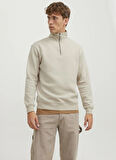 Jack & Jones Dik Yaka Ekru Erkek Sweatshırt 12250747_JJEBRADLEY SWEAT HALF ZIP