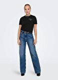 Only O Yaka Baskılı Siyah Kadın T-Shirt ONLNEO LIFE REG S/S FOLD-UP TOP BOX