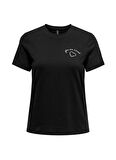 Only O Yaka Baskılı Siyah Kadın T-Shirt ONLNEO LIFE REG S/S FOLD-UP TOP BOX
