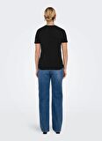 Only O Yaka Baskılı Siyah Kadın T-Shirt ONLNEO LIFE REG S/S FOLD-UP TOP BOX