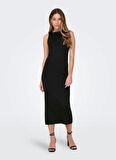 Only O Yaka Düz Siyah Standart Kadın Elbise ONLEA S/L LONG SLIT DRESS JRS NOW