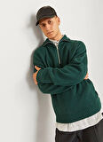Jack & Jones Dik Yaka Relaxed Koyu Yeşil Erkek Kazak 12241817_JOROLLIE KNIT HALF ZIP SN