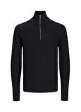 Jack & Jones Dik Yaka Regular Fit Siyah Erkek Kazak 12258473_JJPANNEL KNIT HALF ZIP AW2