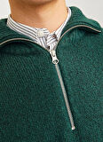 Jack & Jones Dik Yaka Relaxed Koyu Yeşil Erkek Kazak 12241817_JOROLLIE KNIT HALF ZIP SN