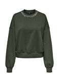Only O Yaka Taşlamalı Yeşil Kadın Sweatshırt ONLKIARA L/S O-NECK EMBELLISHMENT S