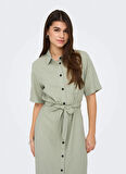 Only Gömlek Yaka Düz Yeşil Uzun Kadın Elbise ONLCARO S/S LINEN BL BELT DRESS CC