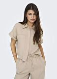 Only Normal Gömlek Yaka Düz Açık Kahve Kadın Gömlek ONLCARO S/S LINEN BL BOXY SHIRT CC