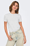 Only Kadın Onlglobe Taş Detaylı Sıfır Yaka %100 Pamuk T-Shirt 15342984 Beyaz