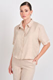 JDY Kadın Jdypower Çizgili Kısa Kollu Gömlek 15347235 Bej