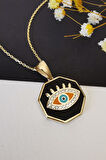 Siyah Mineli Sekizgen Altın Göz Kolye
