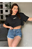 Kadın Bisiklet Yaka Baskılı Oversize Crop T-shirt
