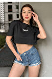 Kadın Bisiklet Yaka Baskılı Oversize Crop T-shirt