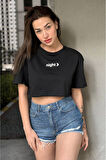 Kadın Bisiklet Yaka Baskılı Oversize Crop T-shirt