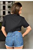 Kadın Bisiklet Yaka Baskılı Oversize Crop T-shirt