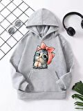 Çocuk Unisex Kapüşonlu Tatlı Kedi Baskılı Pamuklu Sweatshirt - Gri