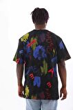 Unisex Oversize Baskılı Bisiklet Yaka T-Shirt - Siyah