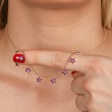 Zirkon Taşlı Pırlanta Montür Rose Altın Kaplama Sallantılı Yıldız Gümüş Kolye