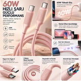 60W USB Type-C to Type-C Hızlı Şarj Kablosu, Premium Dokulu Silikon, 1M