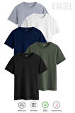 Erkek Siyah Beyaz Lacivert Haki Gri %100 Pamuk'lu 5'li Relax Fit Kesim Daksel Tişört Paketi